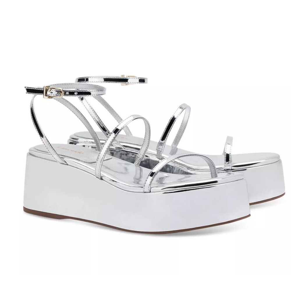 Larroudé Silver Ankle Strap Platform Sandals